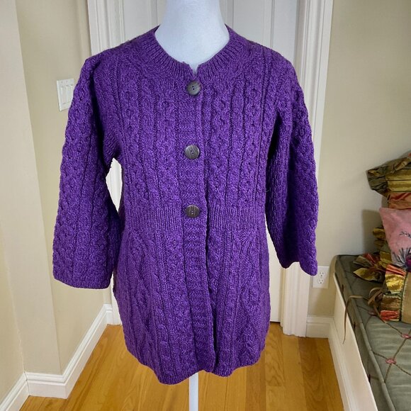 Kilronan Cardigan Sweater Merino Wool Chunky Knit Ireland Crop Sleeves Purple (S - Picture 1 of 8